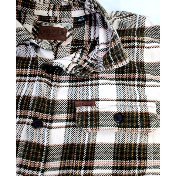 Orvis Heavy Flannel Mens Sz L Shirt Plaid Button Up Green Cream w Side Pockets - Picture 6 of 12